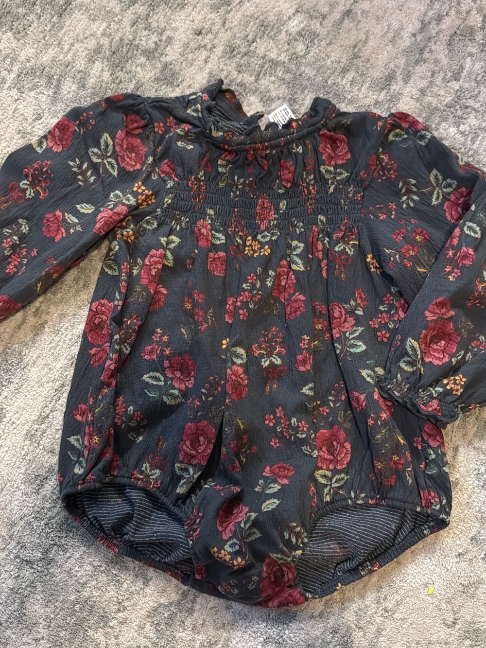 Girls Long-Sleeve Floral Bubble Romper - Black with Burgundy Roses